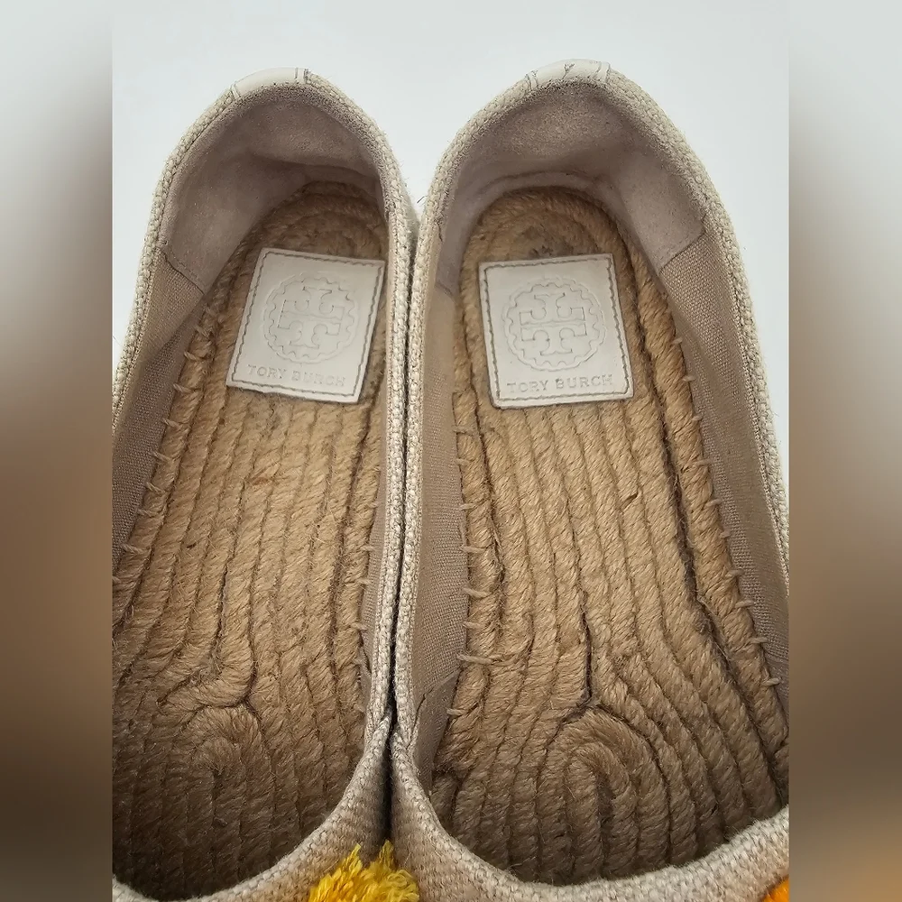 Tory Burch Ellis Pom-Pom Floral Espadrilles - Size 8 - 3D Mimosa Embroidery